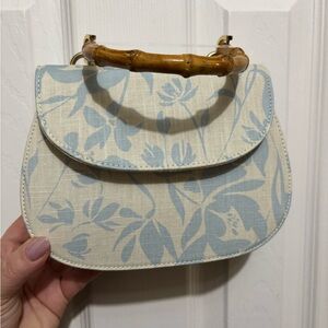 New Light Blue Floral Canvas Top-Handle Bag with Bamboo Handle